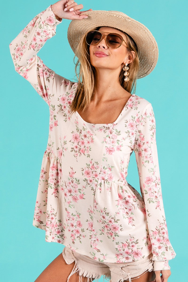 Cream and Pink Floral Print Square Neck Peplum Top
