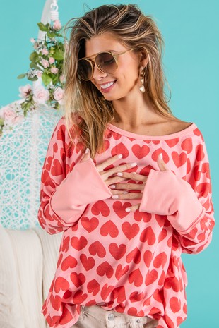 Heart Printed French Terry Knit Thumb Opening U-Neck Sweater Top