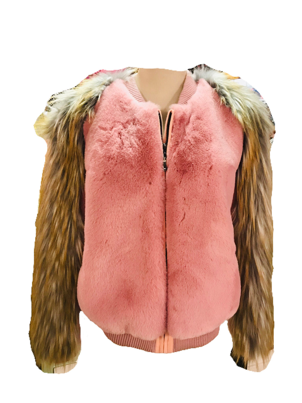 Pink and Tan Faux Fur Jacket