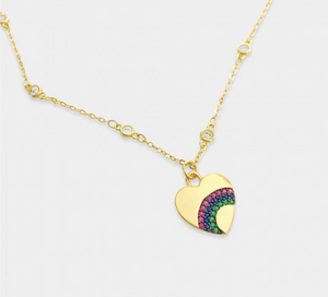 Crystal Rainbow Embellished Heart Necklace with Scattered Crystal Chain