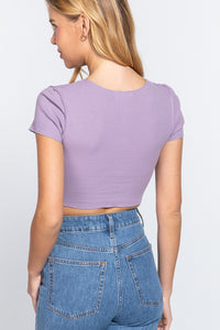 Dusty Lavender Front Lace Up Overlock Seam Detail Crop Top