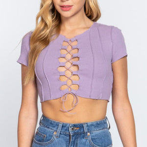Dusty Lavender Front Lace Up Overlock Seam Detail Crop Top