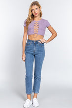 Load image into Gallery viewer, Dusty Lavender Front Lace Up Overlock Seam Detail Crop Top
