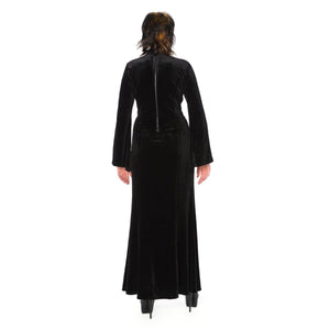 Lily Black Velvet Maxi Dress with Bell Sleeve and Peekaboo Window