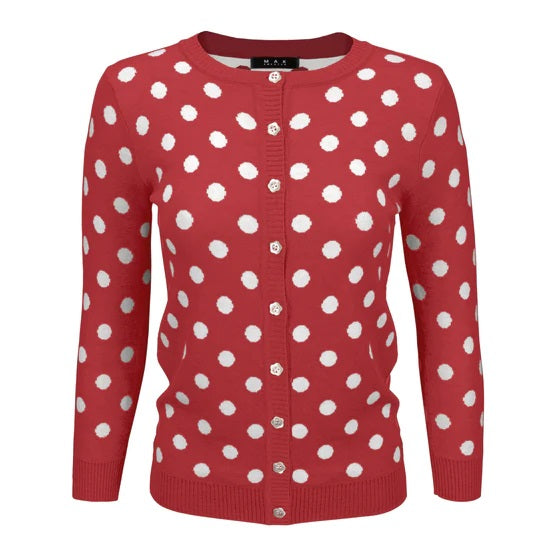 Red and White Polka Dot Crewneck Button Down Cardigan