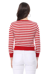 Red and White Striped 3/4 Sleeve Cardigan