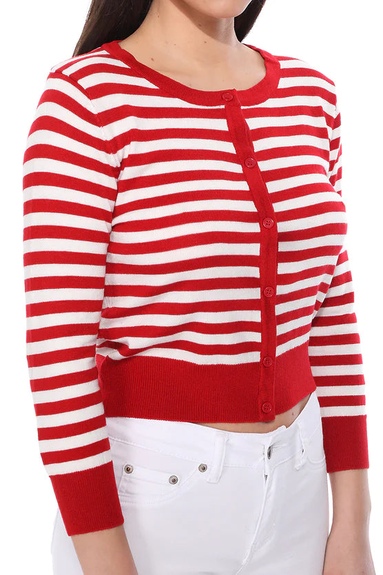 Red and White Striped 3/4 Sleeve Cardigan