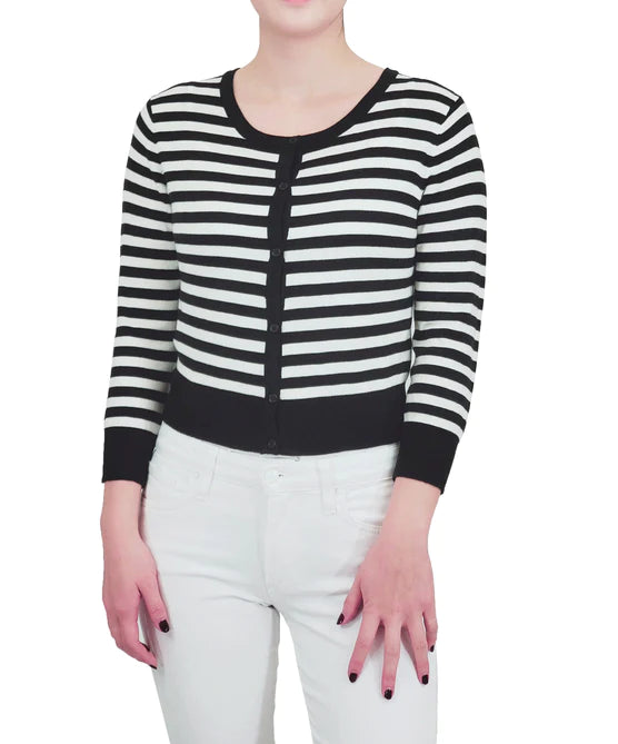 Black and White Striped 3/4 Sleeve Cardigan