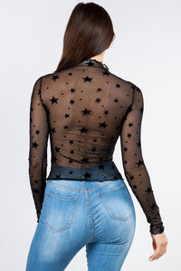Black Velvet Star Mesh Long Sleeved Crop Top