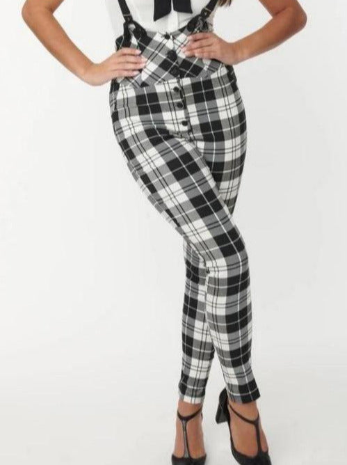 Black and White Plaid Moorehead Skinny Suspender Pants – Pink