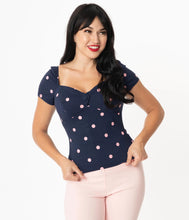 Load image into Gallery viewer, Nora Navy and Pink Polka Dot Top
