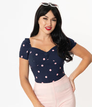 Load image into Gallery viewer, Nora Navy and Pink Polka Dot Top
