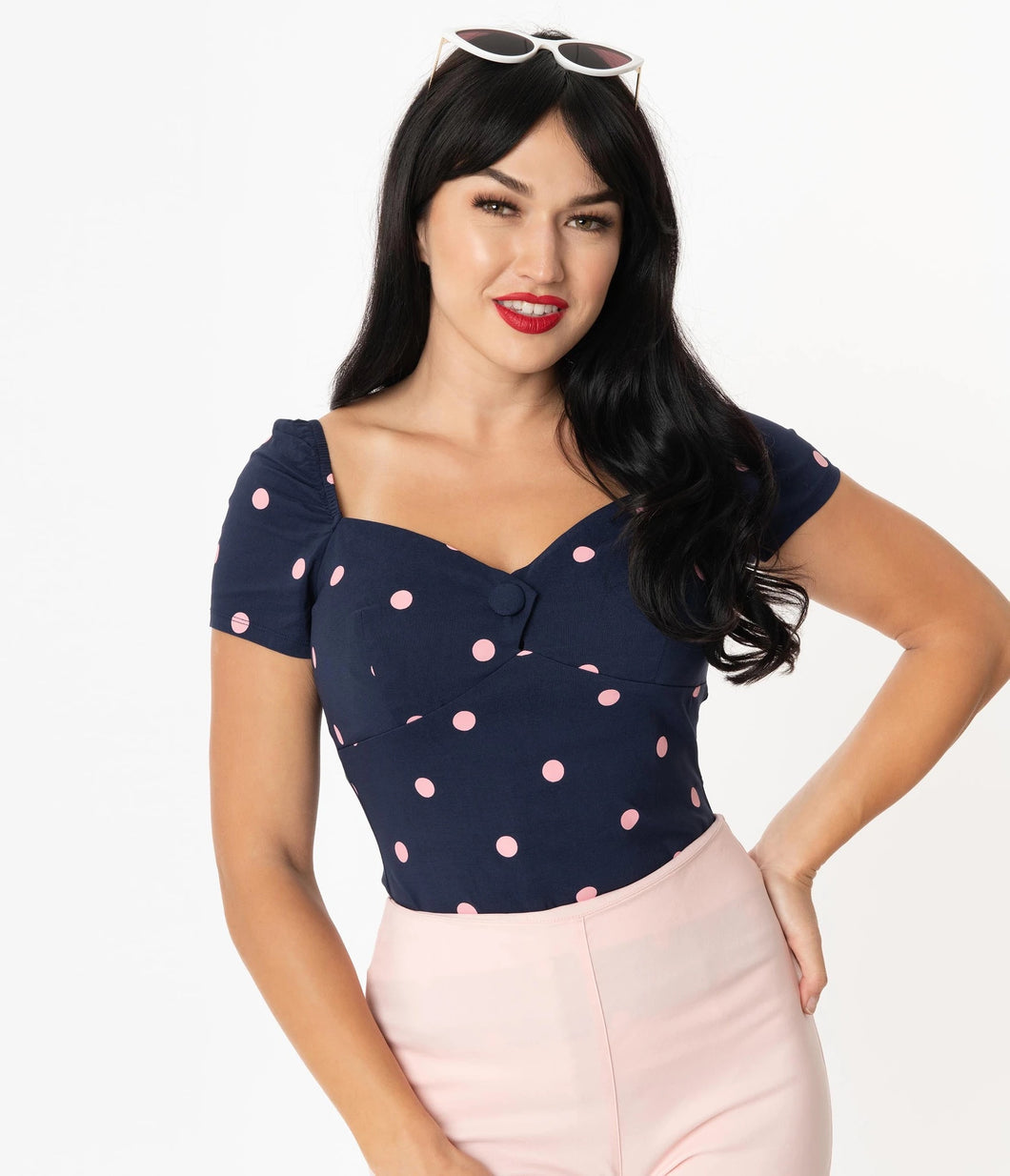 Nora Navy and Pink Polka Dot Top