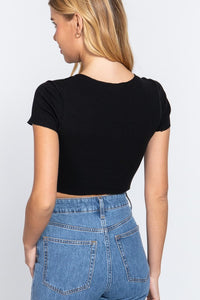 Black Front Lace Up Overlock Seam Detail Crop Top