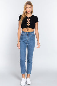 Black Front Lace Up Overlock Seam Detail Crop Top
