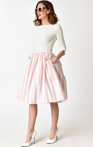 Pink and White Striped Swing Skirt