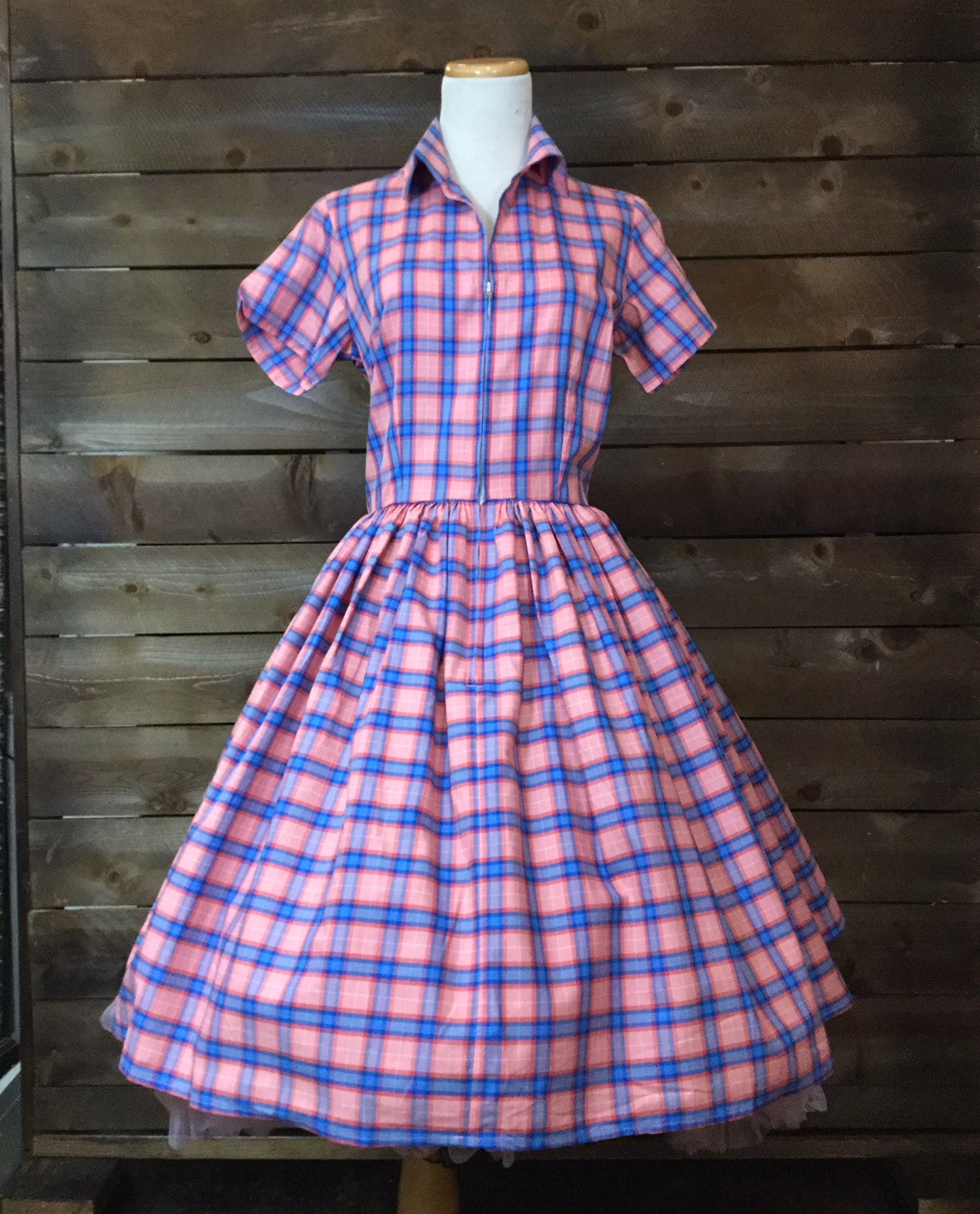Blue and Pink Plaid Zip Front Swing Dress Blue and Pink Plaid Zip Front Swing Dress