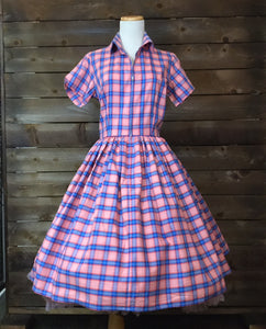 Blue and Pink Plaid Zip Front Swing Dress