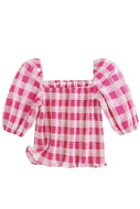 Plaid Short Sleeve Smocked Ruffle Top