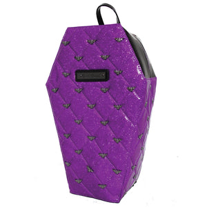 Purple Quilted Glitter with Bat Studs Coffin Backpack
