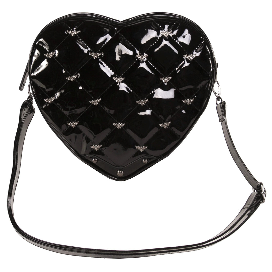 Bat Studded Black Quilted Heart Shoulder Bag