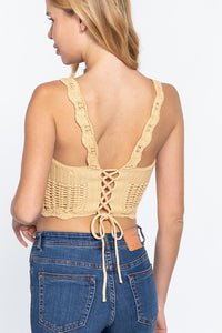 Pastel Canary Yellow Crochet Back Lacing Cami Knit Top
