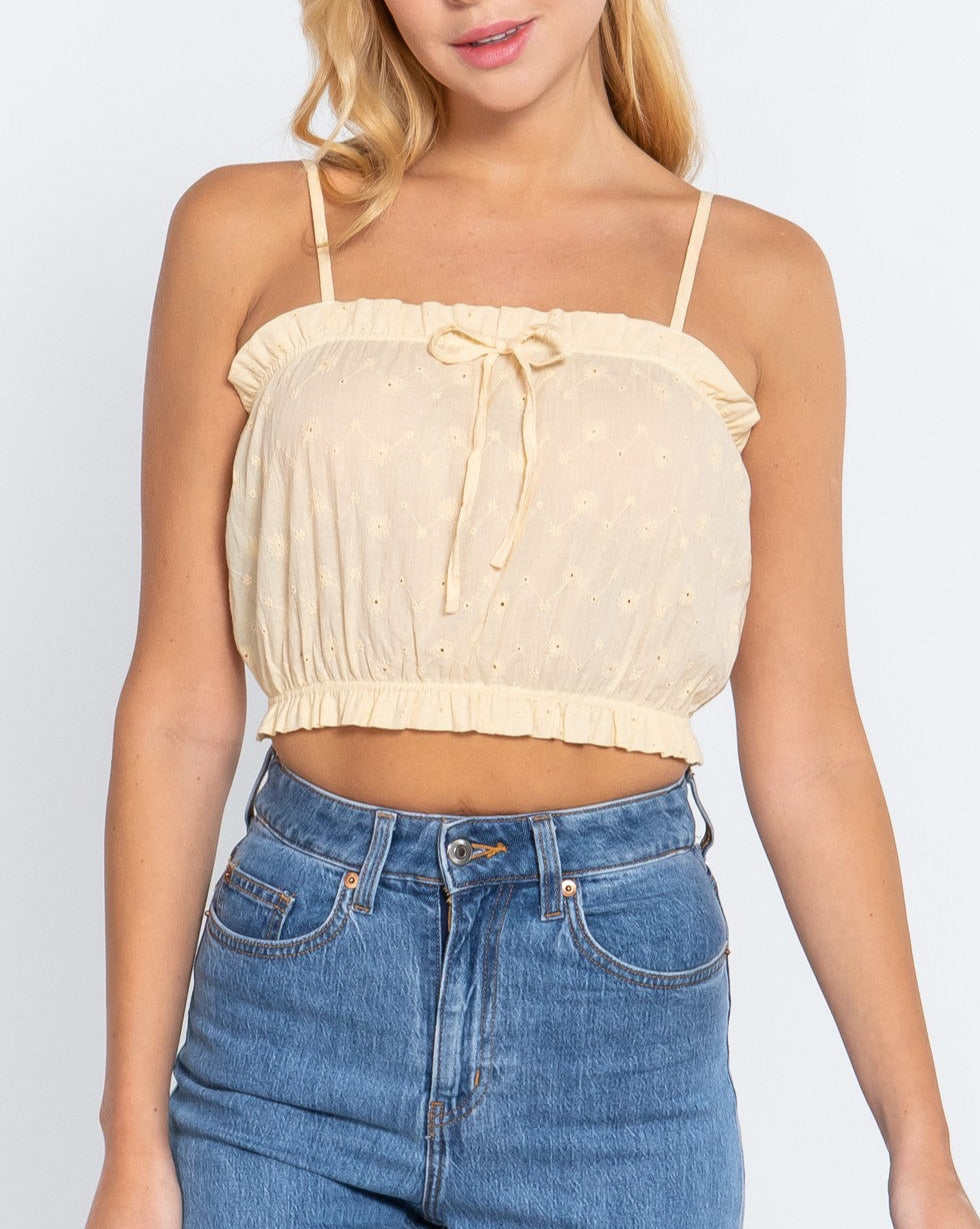 Vanilla Yellow Front Tie Eyelet Detail Cropped Cami Top