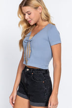 Load image into Gallery viewer, Periwinkle Blue Short Sleeve Tie Neck Crop Top
