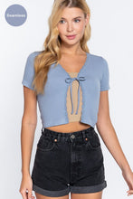 Load image into Gallery viewer, Periwinkle Blue Short Sleeve Tie Neck Crop Top
