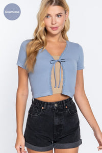 Periwinkle Blue Short Sleeve Tie Neck Crop Top