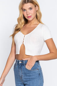White Short Sleeve Front Hook and Eye Closure Crop Top