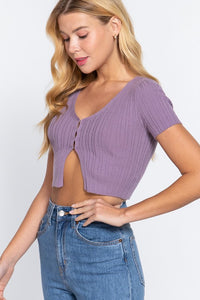 Lilac Purple Short Sleeve Front Hook and Eye Closure Crop Top