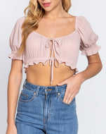 Blush Pink Chiffon Sweetheart Front Tie Crop Top