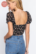 Load image into Gallery viewer, Black Floral Chiffon Sweetheart Front Tie Smocked Back Crop Top- PLUS SIZE
