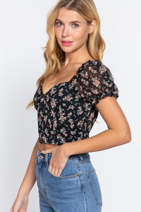 Black Floral Chiffon Sweetheart Front Tie Smocked Back Crop Top- PLUS SIZE