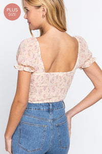 Pink Floral Chiffon Sweetheart Front Tie Smocked Back Crop Top