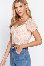 Load image into Gallery viewer, Pink Floral Chiffon Sweetheart Front Tie Smocked Back Crop Top
