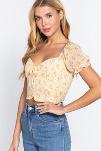 Yellow Floral Chiffon Sweetheart Front Tie Smocked Back Crop Top- PLUS SIZE