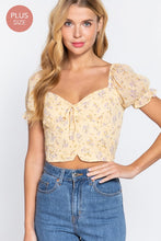 Load image into Gallery viewer, Yellow Floral Chiffon Sweetheart Front Tie Smocked Back Crop Top- PLUS SIZE
