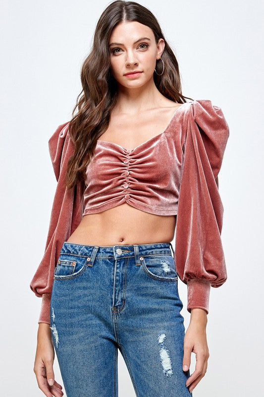 Mauve Puff Sleeve Cropped Top