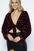 Load image into Gallery viewer, Wine Hearts Velvet Burnout Cropped Tie Front Bolero Cardigan
