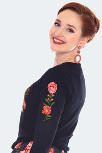 Angela Luxe Floral Embroidered Black Cardigan