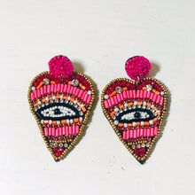 Load image into Gallery viewer, pink beaded evil eye earrings
