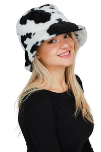 Black Cow Patterned Faux Fur Bucket Hat