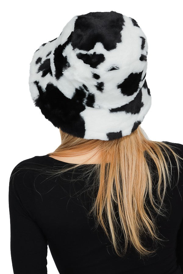Black Cow Patterned Faux Fur Bucket Hat