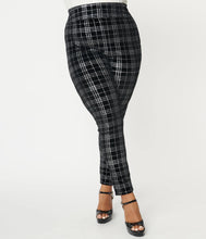 Load image into Gallery viewer, Black and Silver Plaid Velvet Rizzo Cigarette Pants
