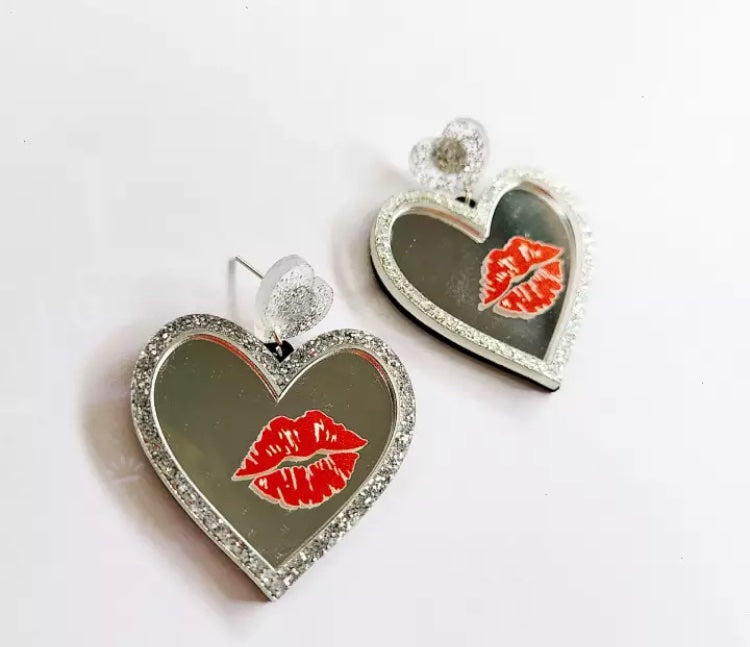Mirror Kiss Heart Acrylic Statement Earrings