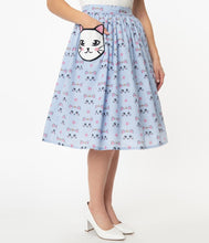 Load image into Gallery viewer, Blue Gingham &amp; Cat Swing Skirt
