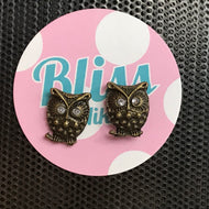 Brass Gem-Eyed Owl Stud Earrings