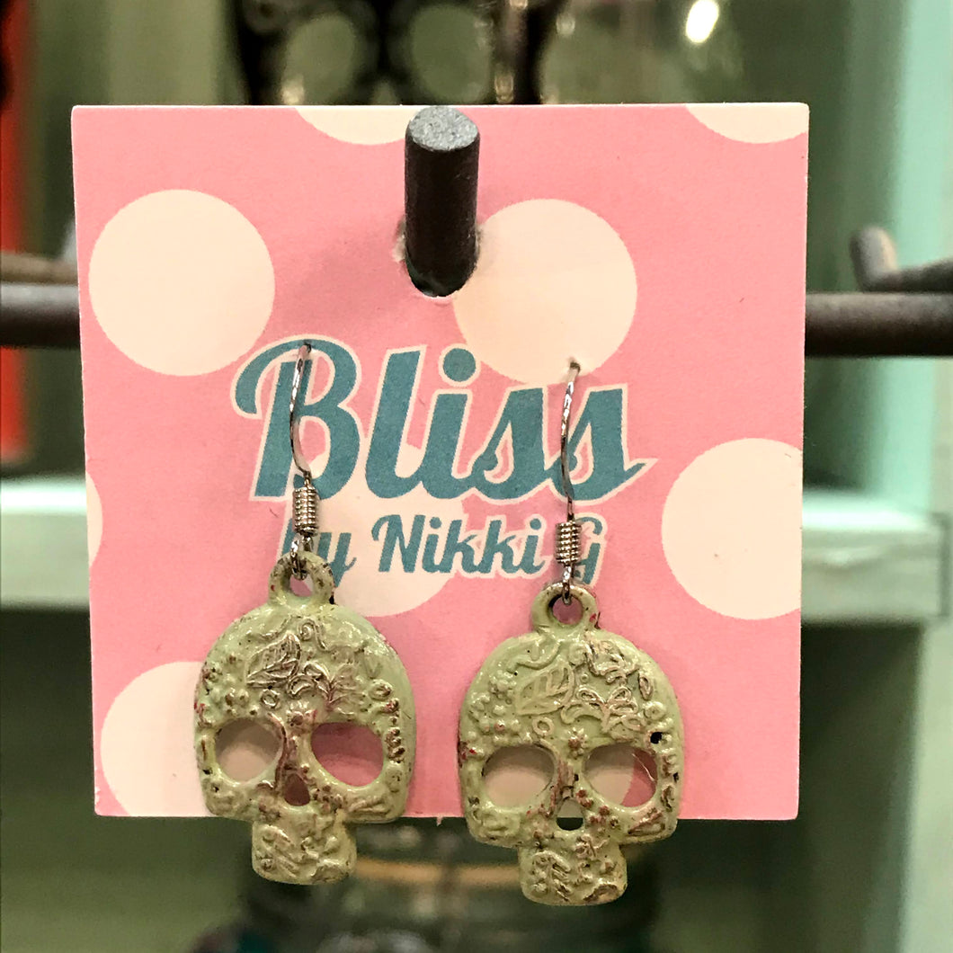 Floral Embossed Skull Charm Earrings